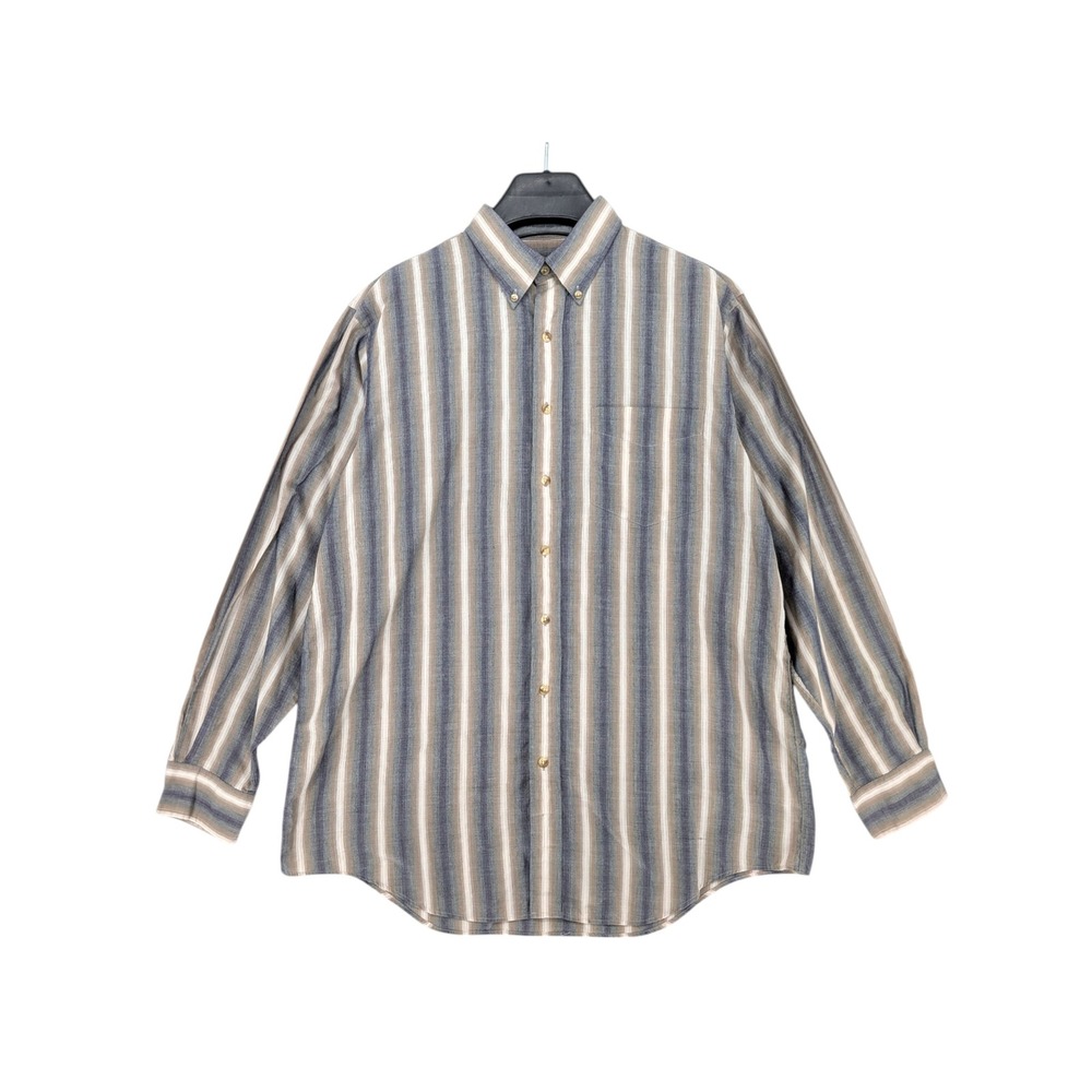 Arrow Invitational Striped Button Down Shirt Mens XLT Blue Tan Long Sleeve